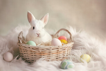 Wall Mural - little white bunny in a basket with colorful eggs for easter on a white background in studio, easter card, generative AI