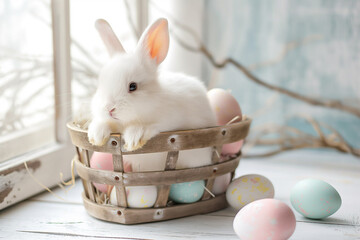 Wall Mural - little white bunny in a basket with colorful eggs for easter on a white background in studio, easter card, generative AI