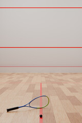 Sticker - A racket and a squash ball are lying on the court floor in the sports room. 3d rendering