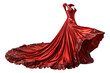 Red velvet evening gown with flowing train on transparent background - stock png.