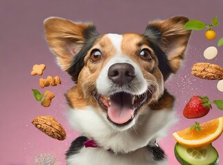 Poster - Dog food concept background. Happy dog face with food isolated.