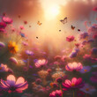 Flower meadow with butterfly in the rays of the setting sun Generative AI