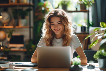 Smiling businesswoman using laptop and working at desk in a green office