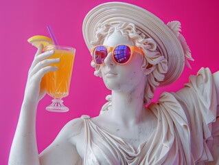 Wall Mural - Greek woman statue wearing colorful sunglasses, wearing sun hat, thumb up, black and violet background 