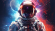 Astronaut in colorful space with helmet reflecting vibrant colors.