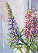Lupines gouache painting. Colorful summer flowers on the window in bright sunlight. The illustration is colorful handmade. Contemporary art. Layout for the design of postcards, notebooks and websites