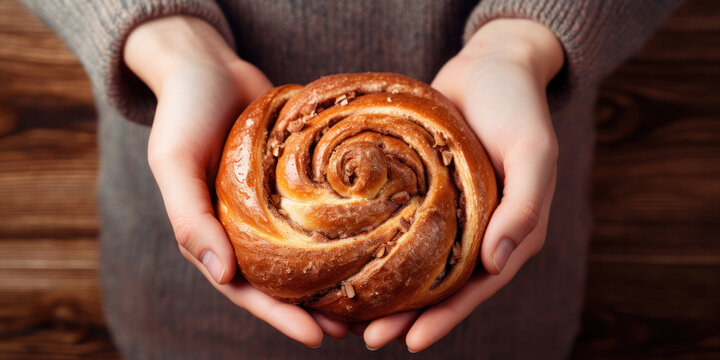 Top view of female baker's hands holding a twisted cinnamon bun in a bakery.