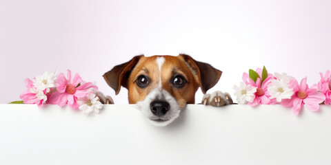 Wall Mural - Jack Russell Terrier dog peeks out behind a white banner decorated with bright pink flowers.