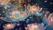 3D rendering of beautiful lotuses with glowing petals in a dark blue background.