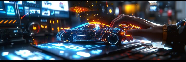 Poster - designing smart ev car with ai system on holographic model, copy space available