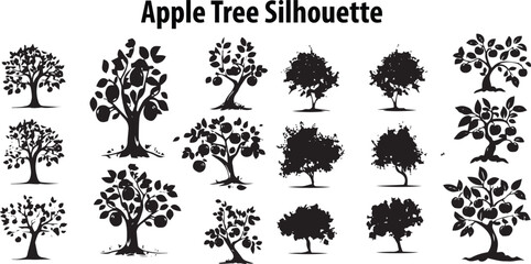 set of silhouette apple tree vector collection.