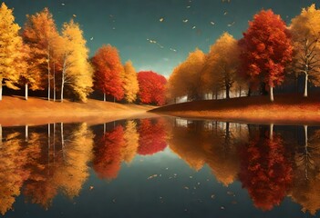 Wall Mural - autumn trees reflected in water