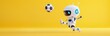 A fun banner illustrating an AI robot kicking a football on a yellow background with copy space for text. Tech of the future, Artificial intelligence, technology,