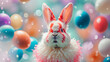 Close-up of a cute Easter bunny in clown costume, expertly juggling Easter eggs