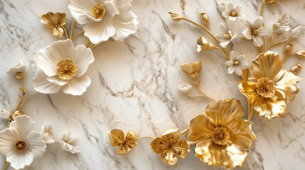 Wall Mural - light golden abstract marble wallpaper jewelry flowers generative ai