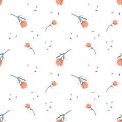 Wall Mural - Seamless pattern, small tulip buds and scattered leaves on a white background. Textile, background, vector