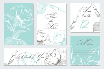 Naklejka na meble Rustic wedding invitation templates. Save the date. Thank you. Menu. your table. Calligraphy and hand drawn leaves and flowers. Vector