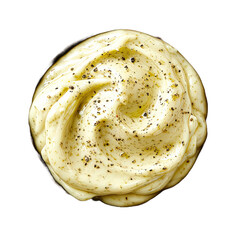 Top view of wasabi aioli dip in a wooden bowl isolated on white or transparent background