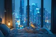 View of vibrant city lights illuminates luxurious bedroom, reflections dance across glossy floor, with plush bed awaiting in high-rise apartment. showcasing sleek glass walls and inviting bedding
