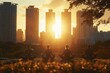 Silhouettes meditating in an urban park at dusk, skyscrapers against a fiery sky backdrop. Calm figures practice yoga with city towers rising behind them, under a sunset sky.