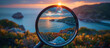 a magnifying glass looking at a body of water and land