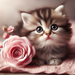 Cartoon fluffy baby kitten with big eyes and a pink flower, illustration