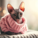 Fototapeta Na drzwi - A cozy and cute cute regal sphynx cat wearing a warm knit pink sweater, surrounded by natural light with a simple bokeh background, generative AI