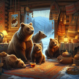 Fototapeta Na drzwi - A family of brown bears with mama bear and cubs preparing for hibernation in their den, snow outside, generative ai