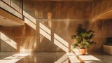 Fototapeta  - Roślina w doniczce jest umieszczona na środku podłogi w jasno oświetlonym biurze o nowobrutalistycznym stylu. Zoom backdrop