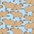 Seamless pattern with cute сartoon capybaras and birds on blue - funny animal background for Your textile and wrapping paper design