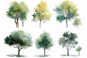 Set of watercolor green trees collection vector illustration