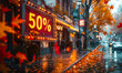 Autumn sale concept with a vibrant 50% off sign amidst falling leaves, portraying seasonal discounts in a cheerful, colorful shopping district