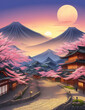 An old traditional Japanese city of the samurai era with a beautiful landscape, mountains and sakura blossom at colorful sunset, generative ai
