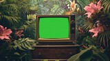 Fototapeta  - Stara telewizja z zielonym ekranem, otoczona roślinami tropikalnymi. Telewizor ma charakterystyczny design, a rośliny dodają tropikalnego klimatu.