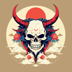 Canvas Print - horned red demon samurai skull, t-shirt illustration, icon, sticker, tattoo, etc