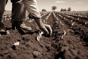 Black and white shot of a farmer kneeling to plant seeds in the fertile soil, symbolizing the timeless connection between humans and the earth