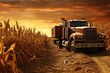 Old harvest truck parked in a golden cornfield under a dramatic sunset sky, symbolizing the culmination of the harvest season