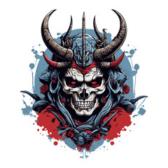 Canvas Print - horned red demon samurai skull, t-shirt illustration, icon, sticker, tattoo, etc