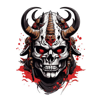 horned red demon samurai skull, t-shirt illustration, icon, sticker, tattoo, etc