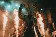undead lead singer of a rock band singing on a concert, the undead wearing black and gold clothes, pyrotechnics / fireworks in the background, stage setting, night time 