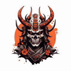 Canvas Print - horned red demon samurai skull, t-shirt illustration, icon, sticker, tattoo, etc