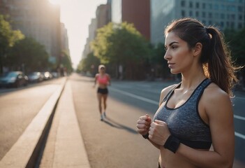 An attractive beautiful woman in sportswear, doing sports on the city streets. A fit woman jogging outdoors. Morning workout. The concept of a healthy and active lifestyle.