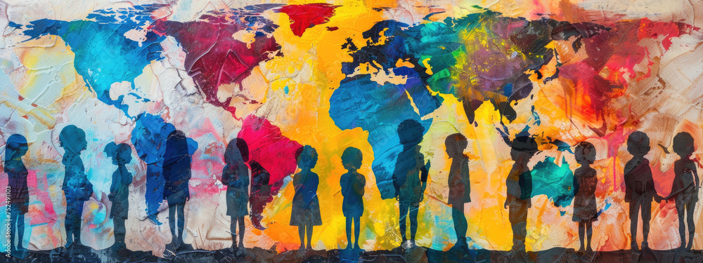 Colorful world map painted on a textured wall by children from various ...