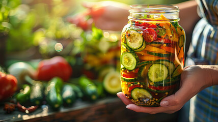 Person holding a jar of pickled vegetables