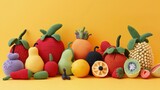 Grupa zrobionych na drutach owoców i warzyw jest starannie ułożona na żółtym tle. Różnorodne kształty i kolory wyróżniają się na tym jasnym tle.