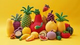 Fototapeta Kuchnia - Na żółtym tle znajduje się grupa wydzierganych owoców i warzyw, wykonanych ręcznie z materiałów. Są one ułożone w sposób estetyczny i kolorowy, tworząc interesującą kompozycję.