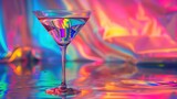 Fototapeta  - Szklanka Martini stoi na tęczowej folii, a światło odbija się od powierzchni tekstury.