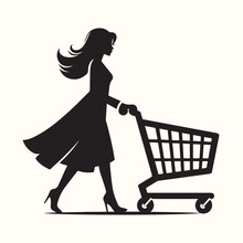 A Girl With A Shopping Cart Silhouette Vector Illustration