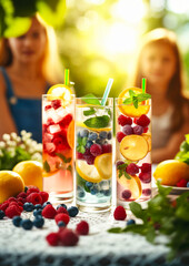 Wall Mural - Summer berries cocktails. Assorted Healthy drinks. Refreshing Summer Fruit Infused Water Served Outdoors.