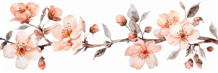 Wall Mural - Watercolor illustration of a branch of a blossoming peach on a white background, spring flowers